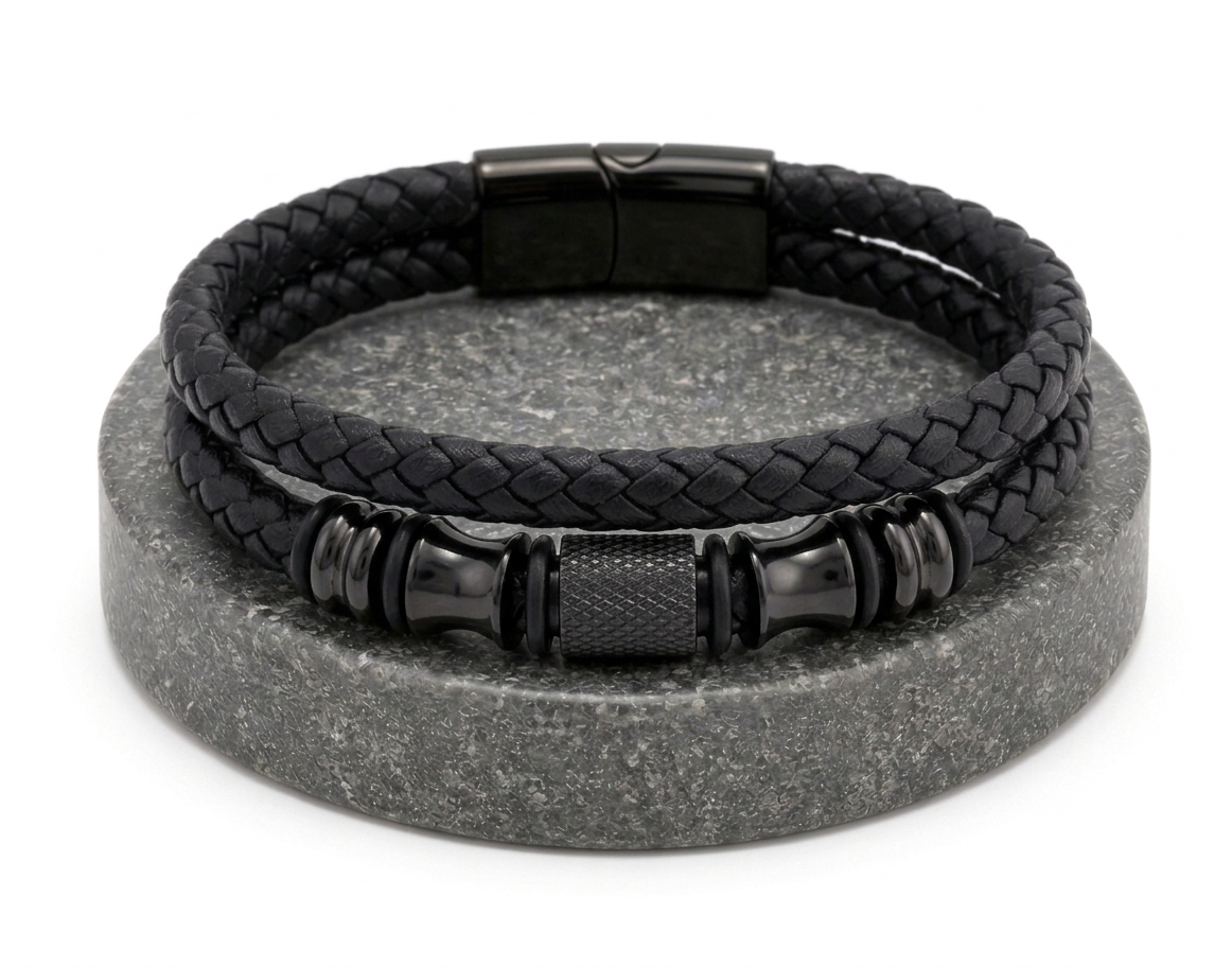 Stealth Black Multi-Layer Braided Leather Bracelet