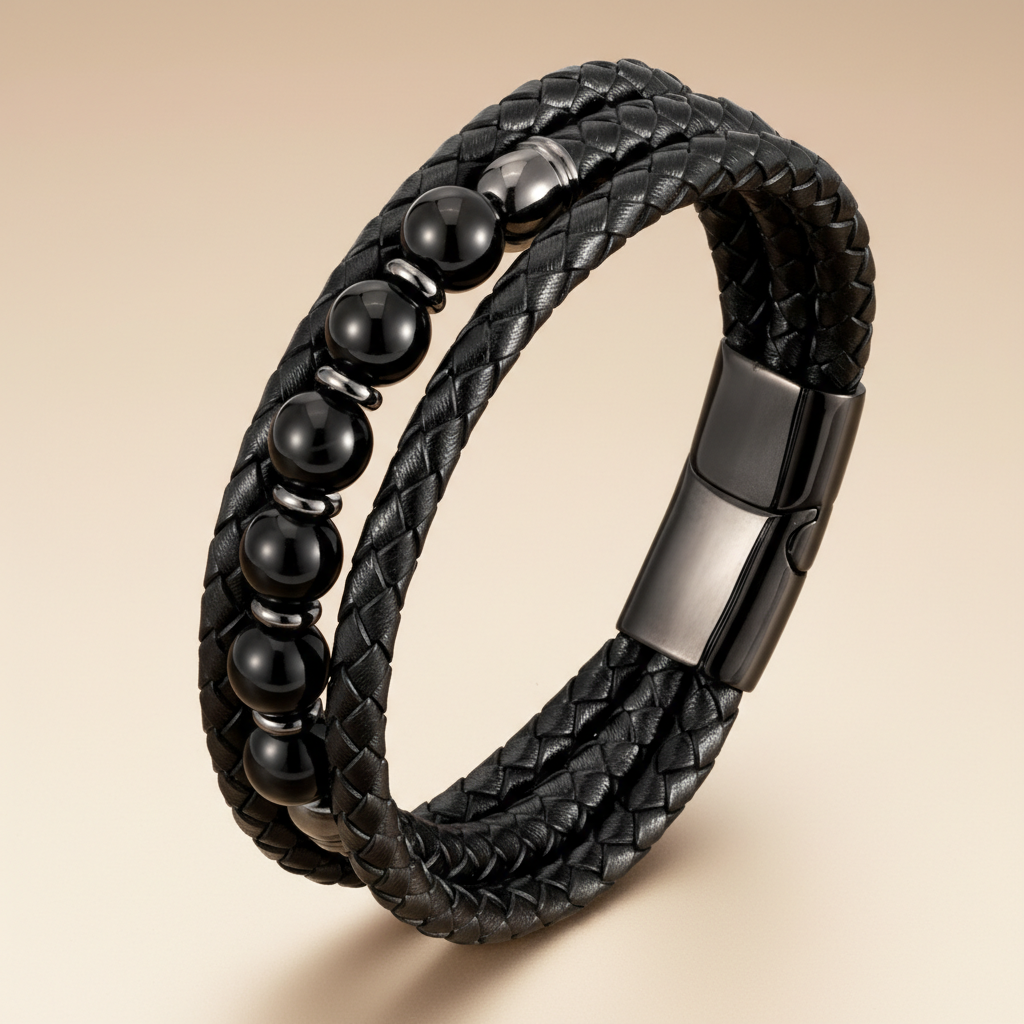 Classic Triple Braid Black Leather & Lava Rock Bracelet