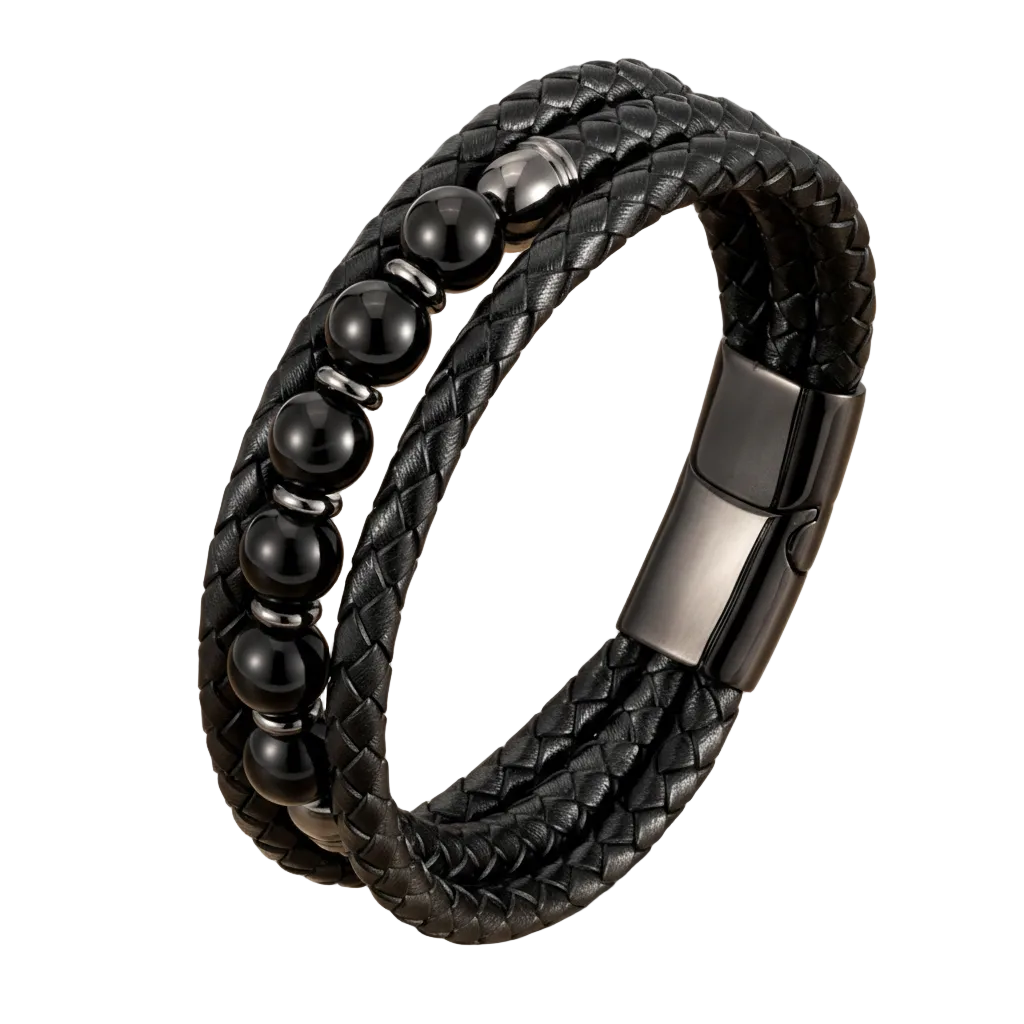 Triple Braid Black Leather & Lava Rock Bracelet