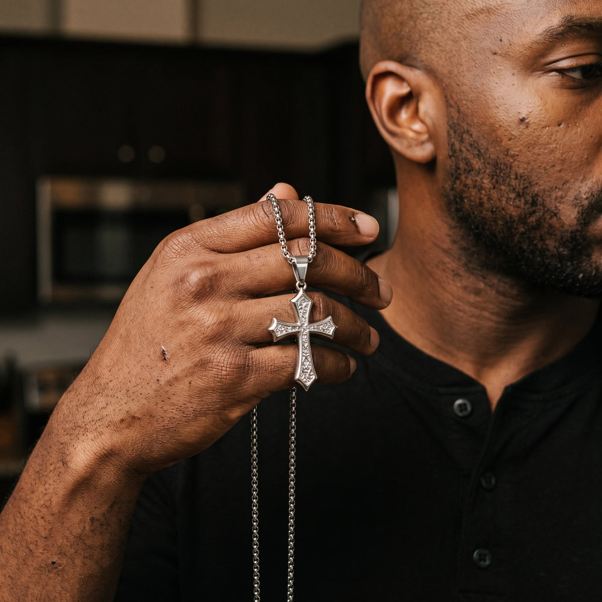 Covenant Cross Necklace – Stainless Steel Christian Cross Pendant worn, lifestyle photo 4