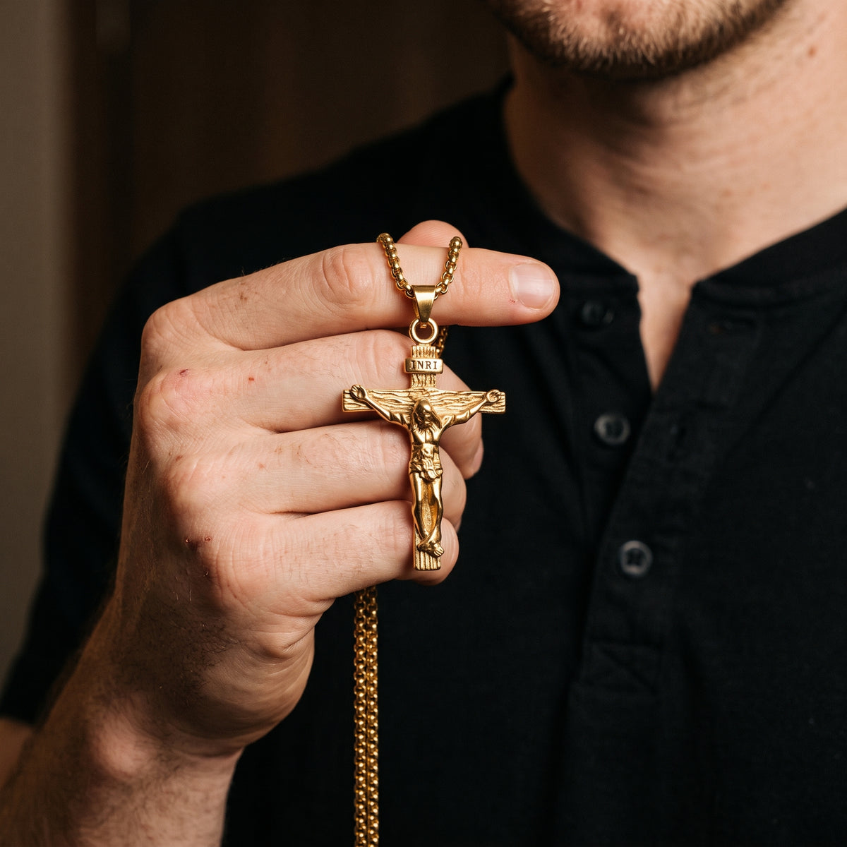 Gold Crucifix Cross Pendant Necklace worn, lifestyle photo 4
