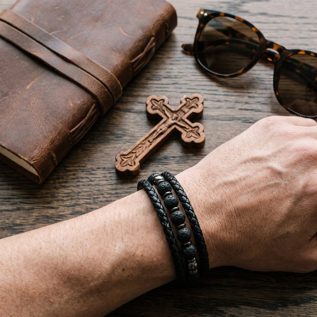 Triple Braid Black Leather & Lava Rock Bracelet worn, lifestyle photo 4