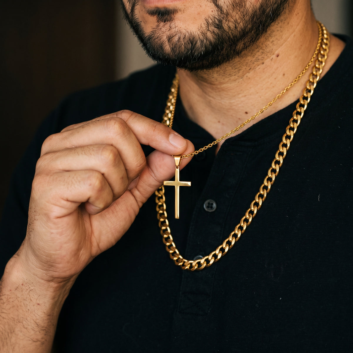 Gold-Tone Cross Pendant & Chain worn, lifestyle photo 4