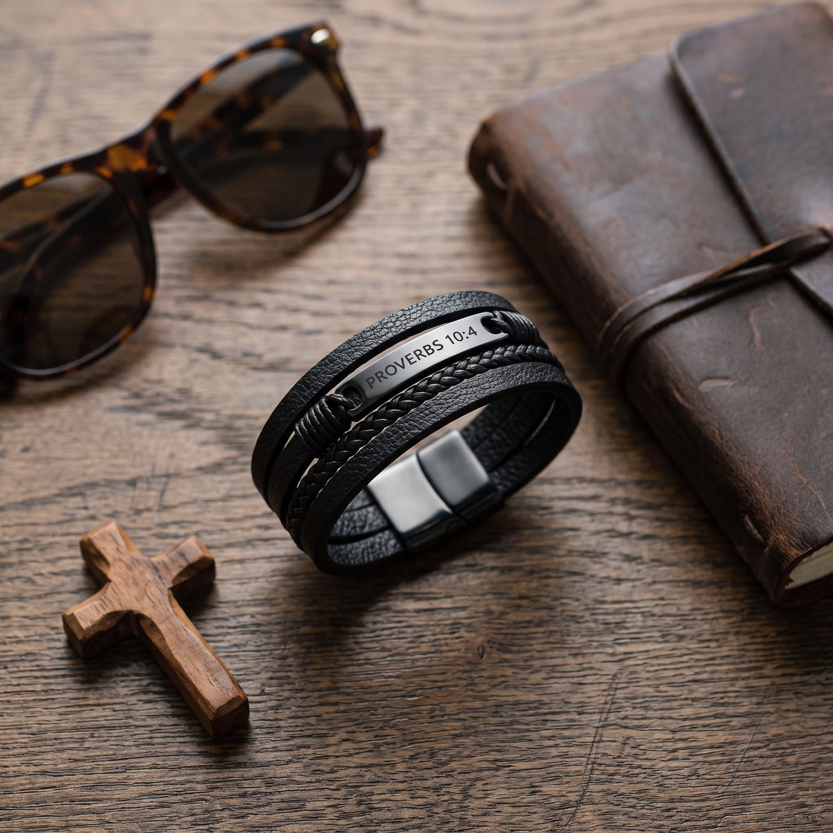 Proverbs 10:4 Discipline Leather Bracelet worn, lifestyle photo 4