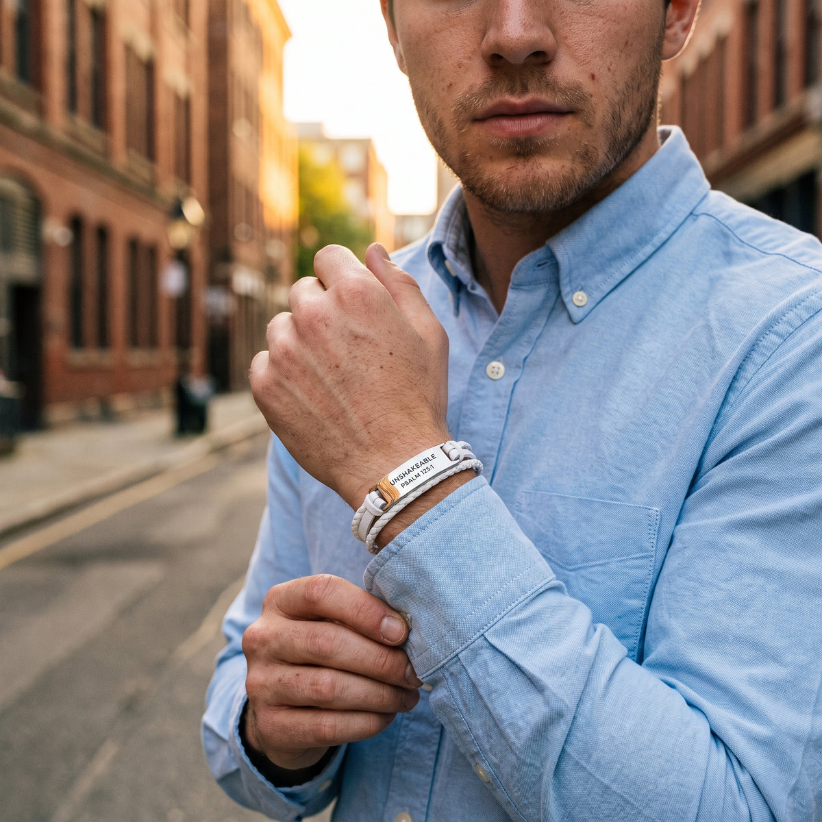 Unshakeable Faith Leather Bracelet worn, lifestyle photo 3