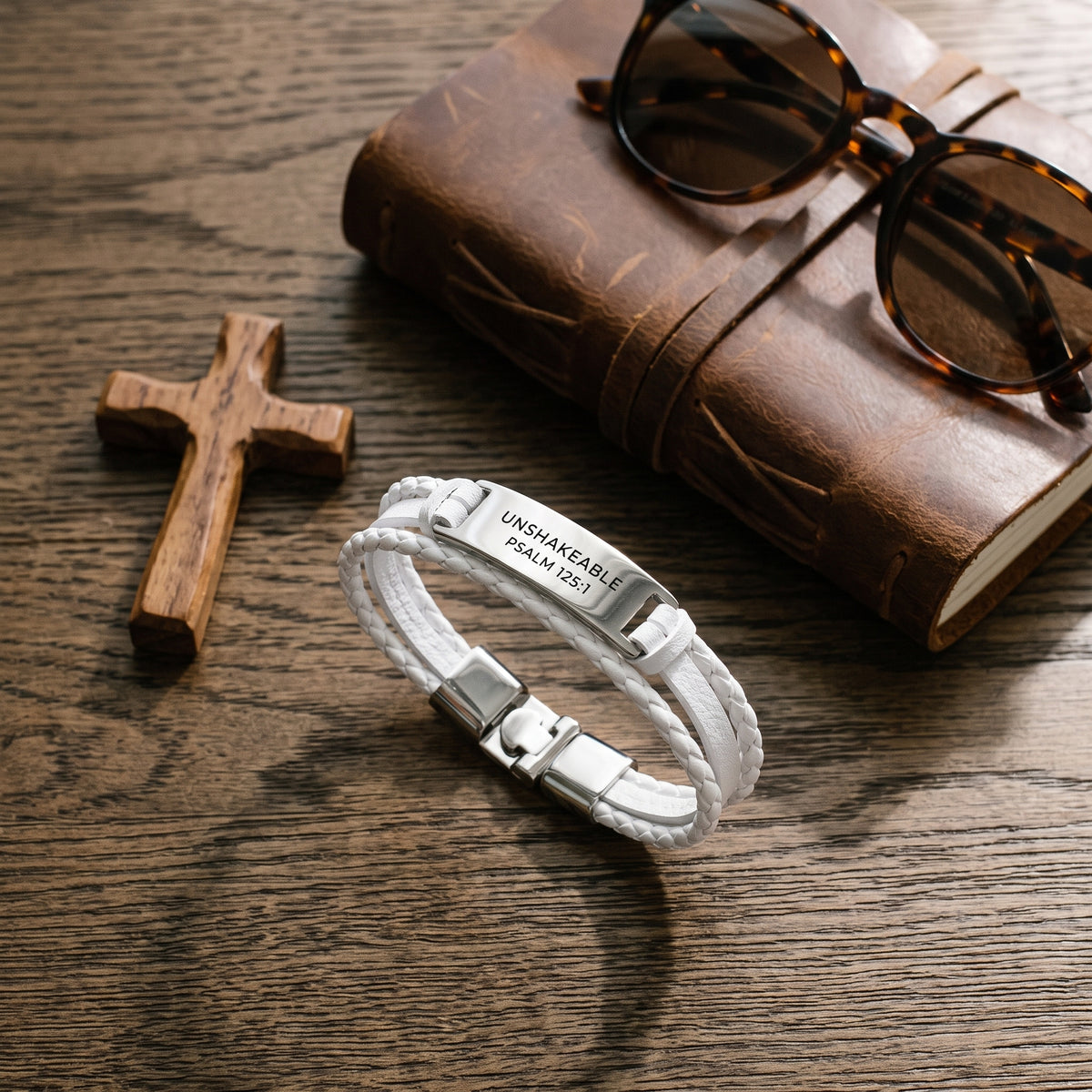 Unshakeable Faith Leather Bracelet (Women) worn, lifestyle photo 4