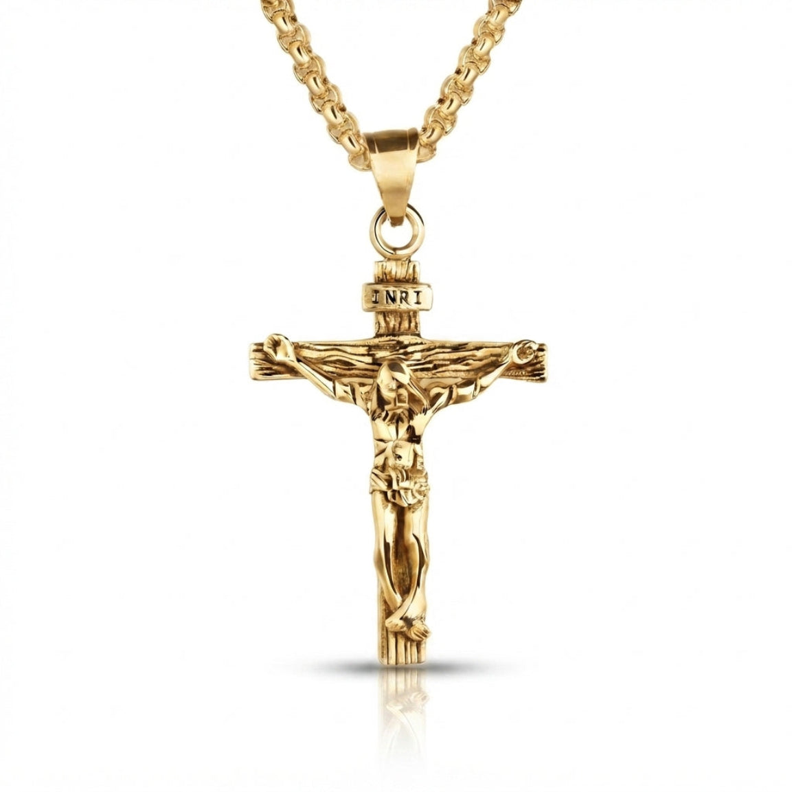 Detailed 18k gold plated crucifix cross pendant on a matching gold chain, hanging against a white background with a clear reflection.