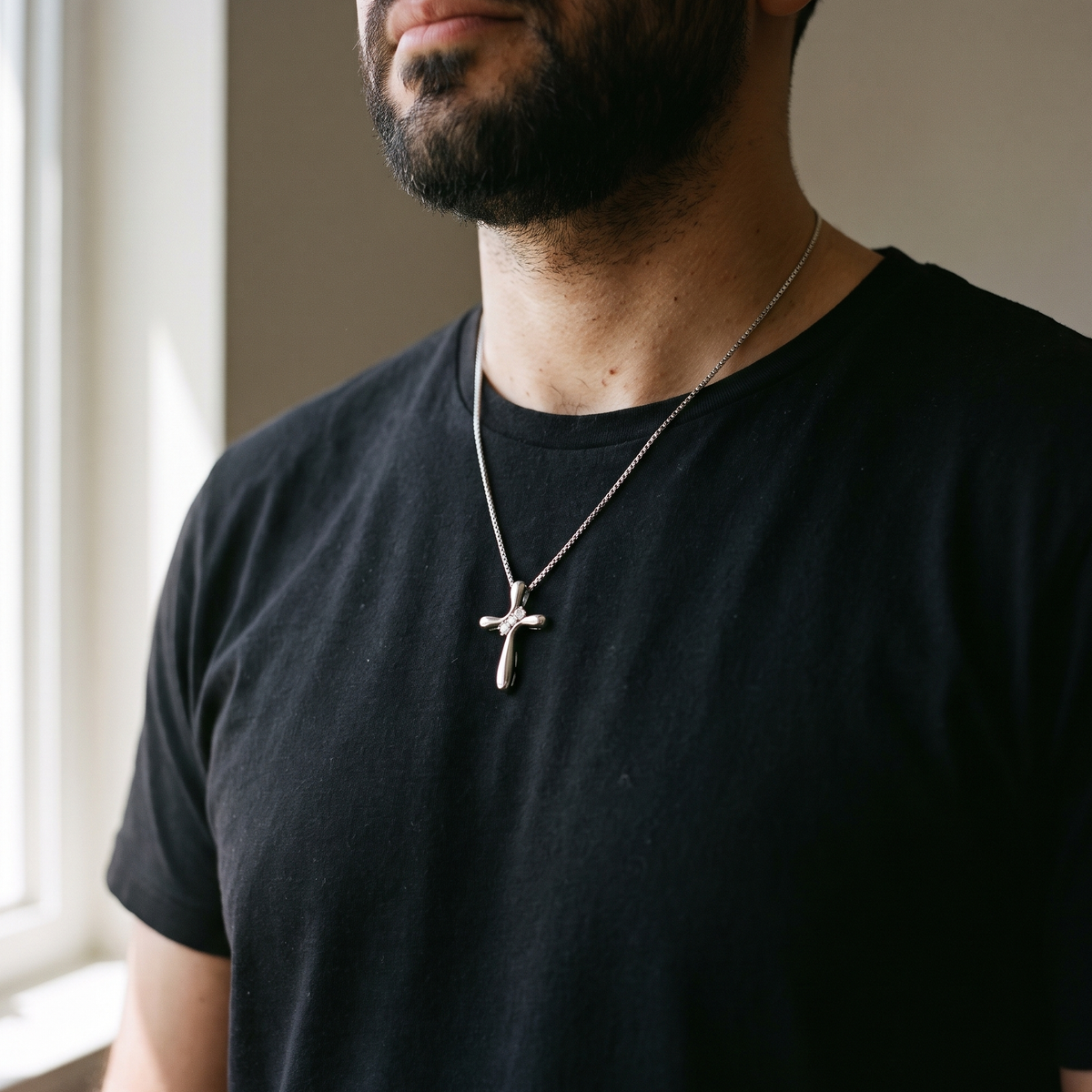 Silver Cross Necklace 3 Stone Accented Cross Pendant Necklace worn, lifestyle photo 1