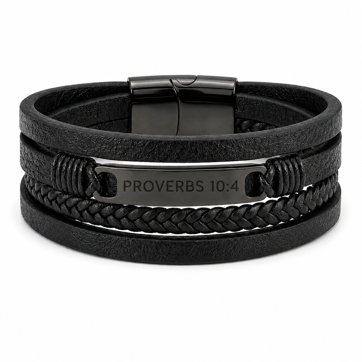 Black leather bracelet with metal tag displaying 'Proverbs 10:4' on a white background