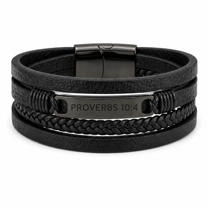 Black leather bracelet with metal tag displaying 'Proverbs 10:4' on a white background