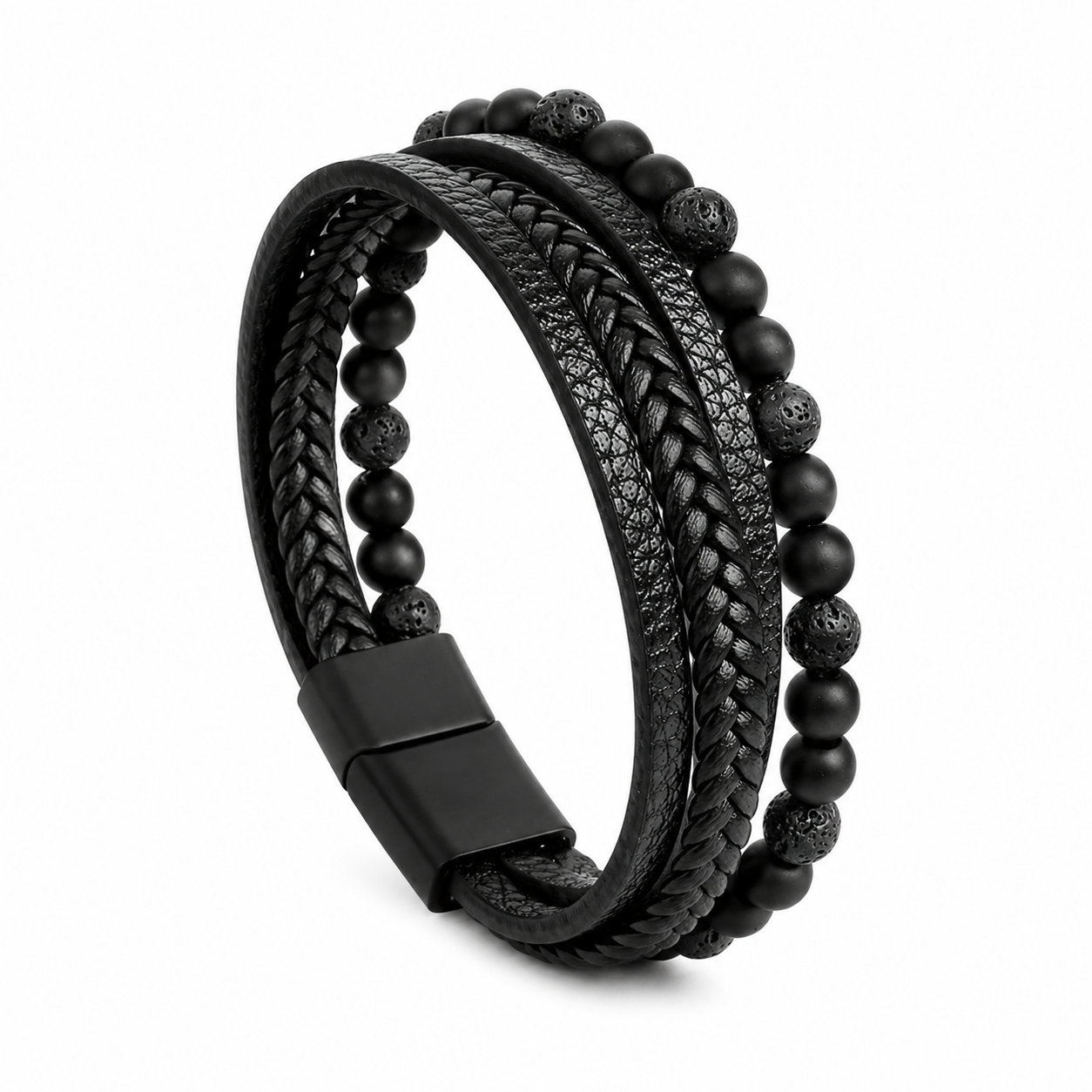Black braided leather and beaded bracelet on a white background