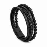 Classic Multi-Layer Black Leather & Lava Rock Bracelet