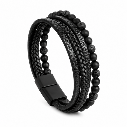 Black braided leather and beaded bracelet on a white background