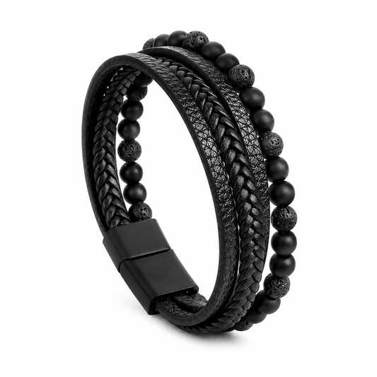 Black braided leather and beaded bracelet on a white background