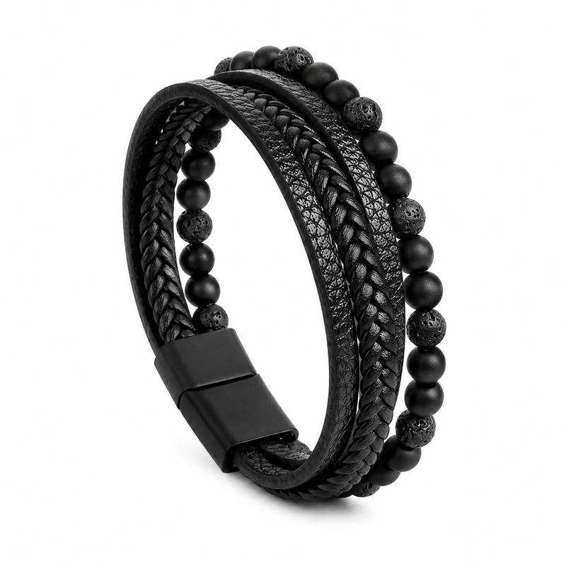 Classic Multi-Layer Black Leather & Lava Rock Bracelet