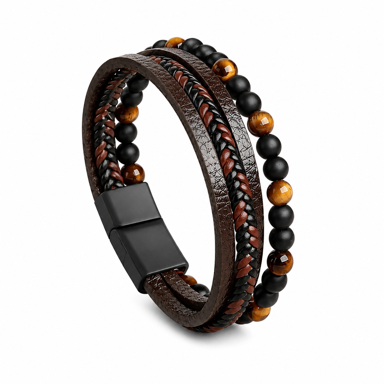 Multistrand leather and beaded bracelet with a black clasp on a white background