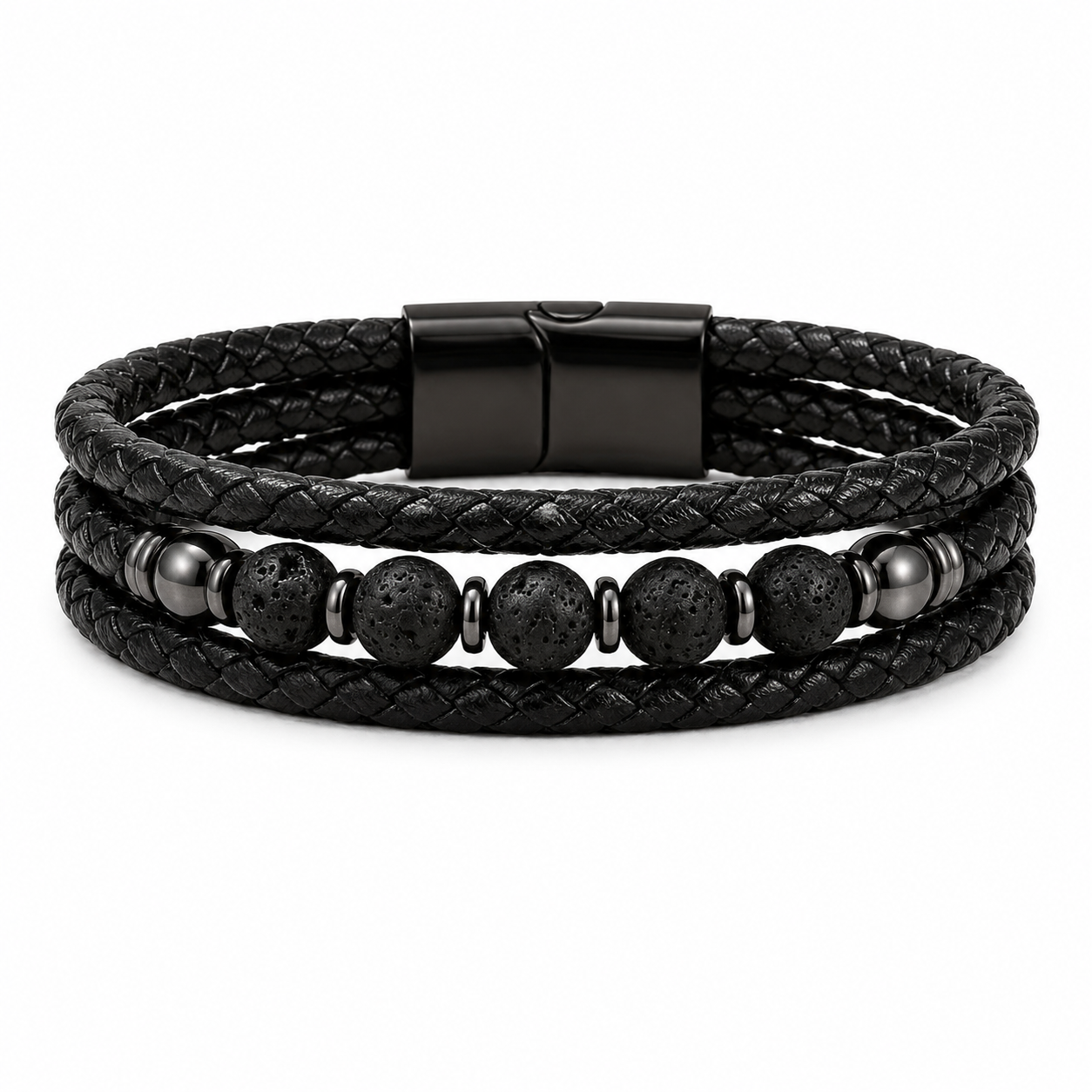 Classic Triple Braid Black Leather & Lava Rock Bracelet