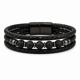Triple Braid Black Leather & Lava Rock Bracelet