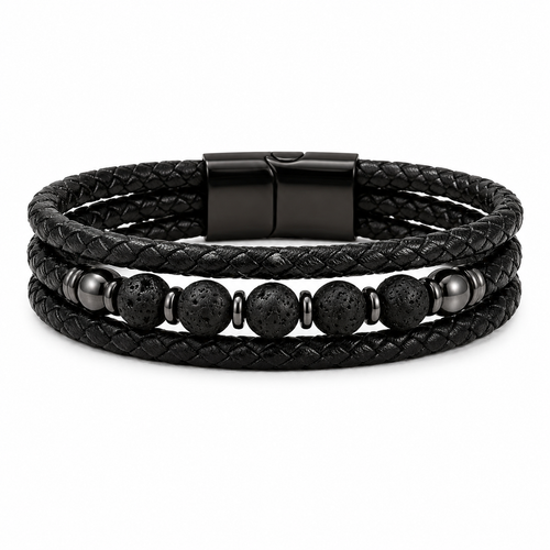 Triple Braid Black Leather & Lava Rock Bracelet
