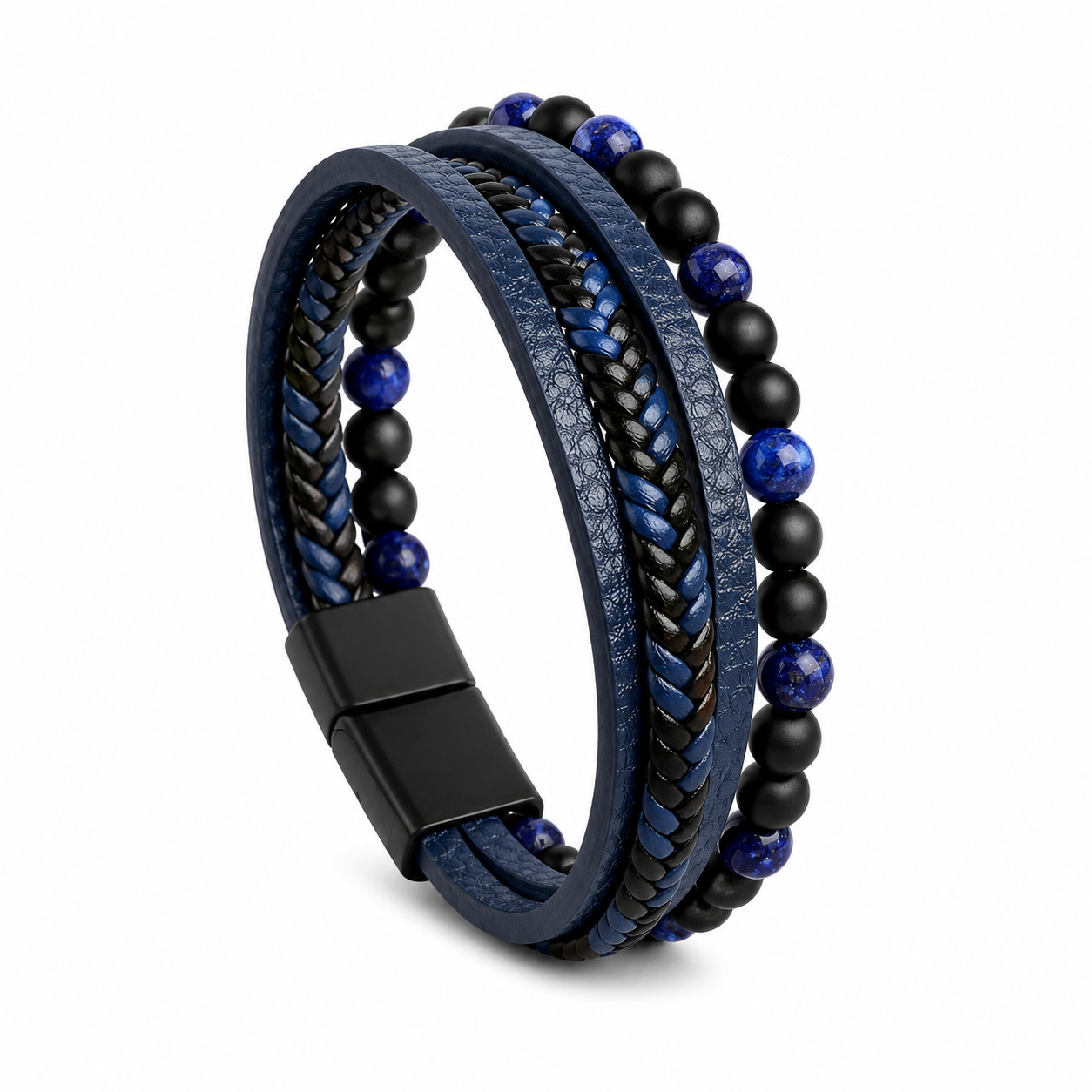 Multistrand bracelet with blue and black beads on a white background