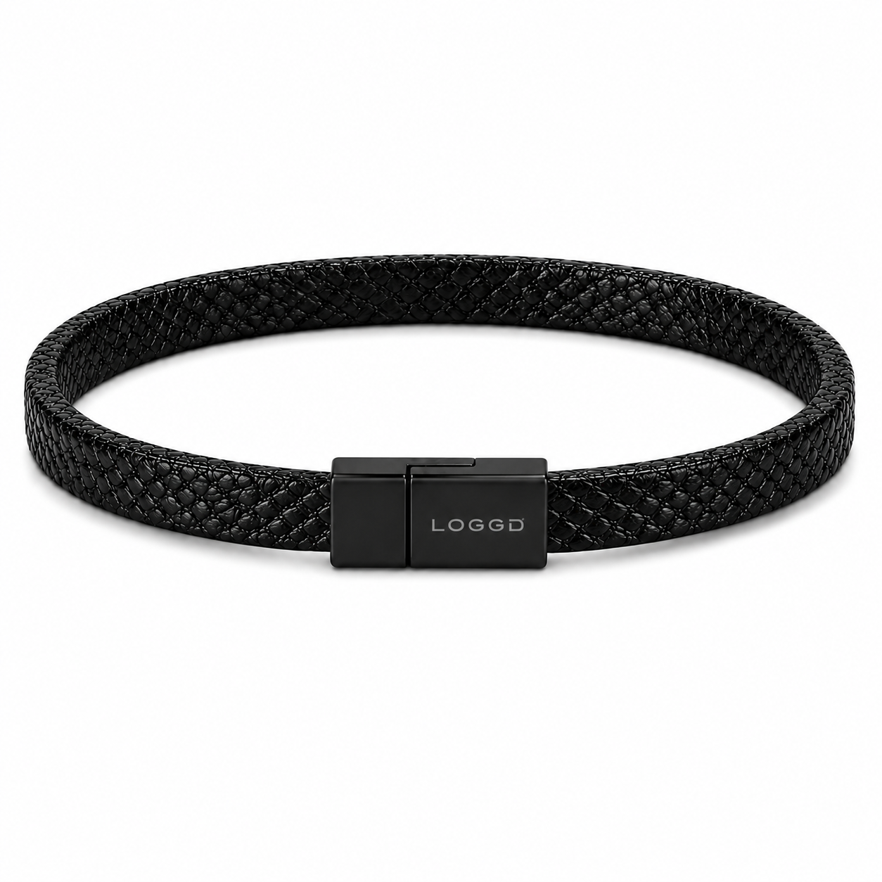 Black woven bracelet with a black clasp on a white background