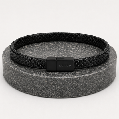 Classic Textured Black Leather Bracelet with Matte Black Clasp