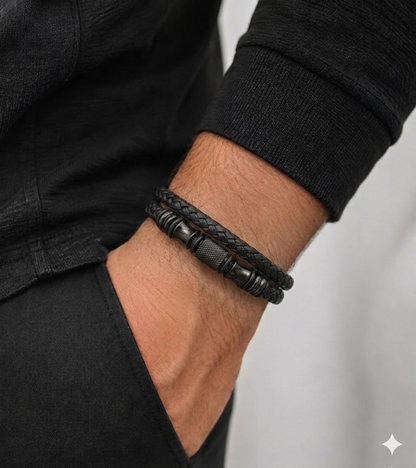 Stealth Black Multi-Layer Braided Leather Bracelet