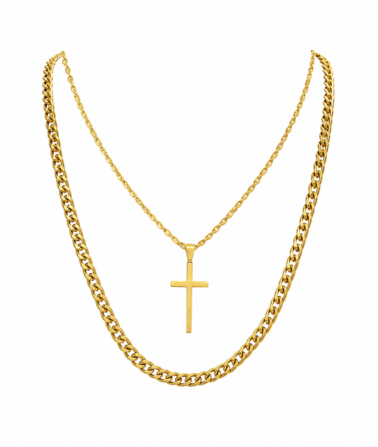 Men's two-piece gold-tone necklace set featuring a minimalist cross pendant on a thin chain and a bold curb chain.