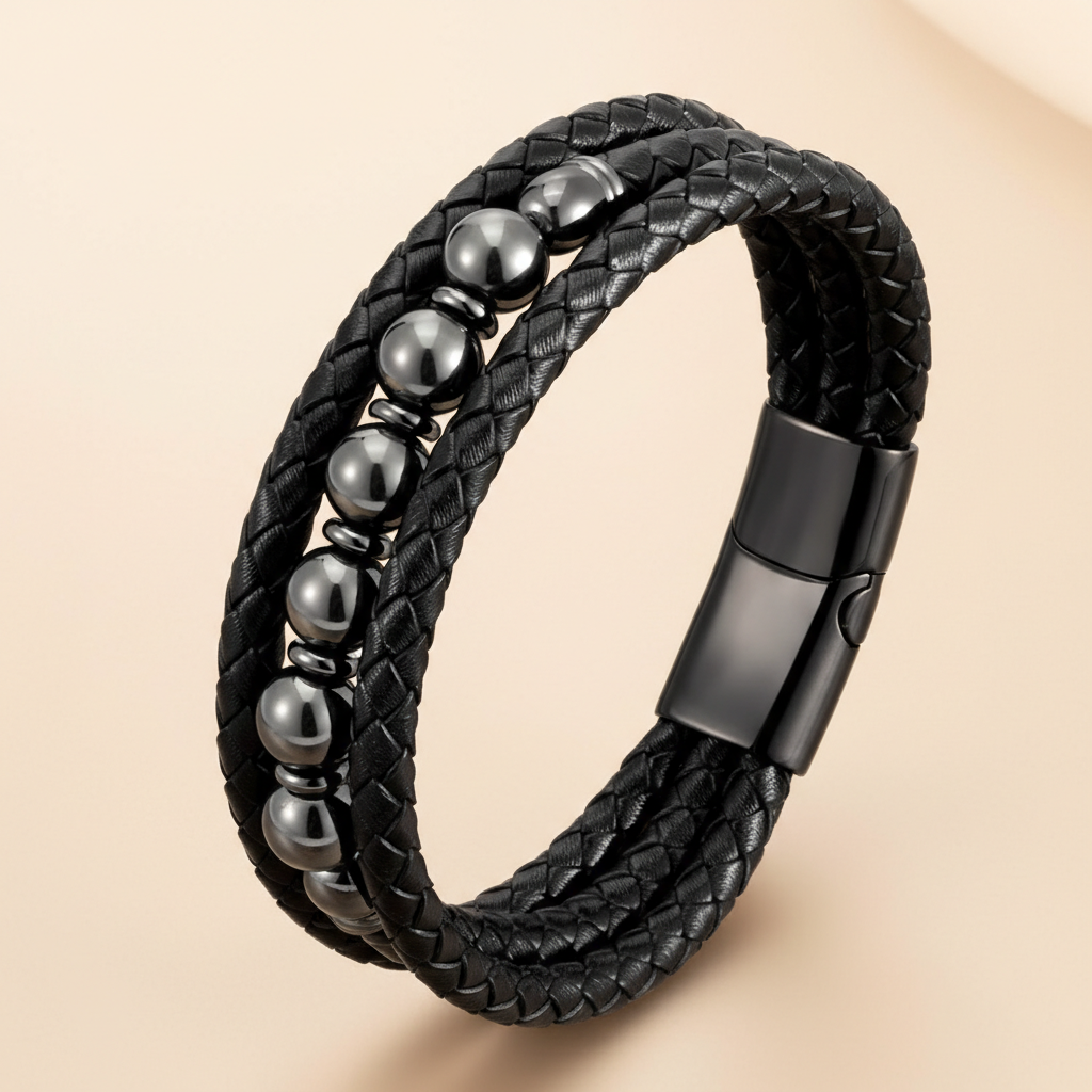 Classic Triple Braid Black Leather & Lava Rock Bracelet