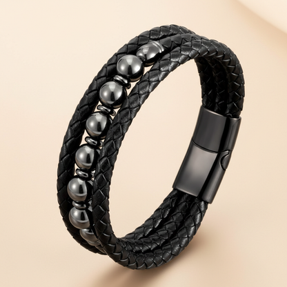 Classic Triple Braid Black Leather & Lava Rock Bracelet