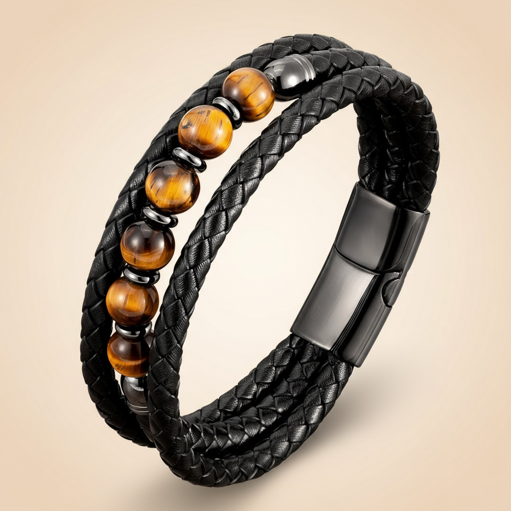 Classic Triple Braid Black Leather & Lava Rock Bracelet