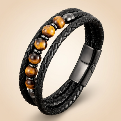 Classic Triple Braid Black Leather & Lava Rock Bracelet