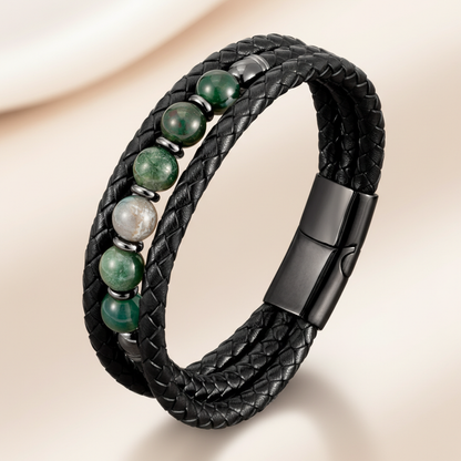 Classic Triple Braid Black Leather & Lava Rock Bracelet