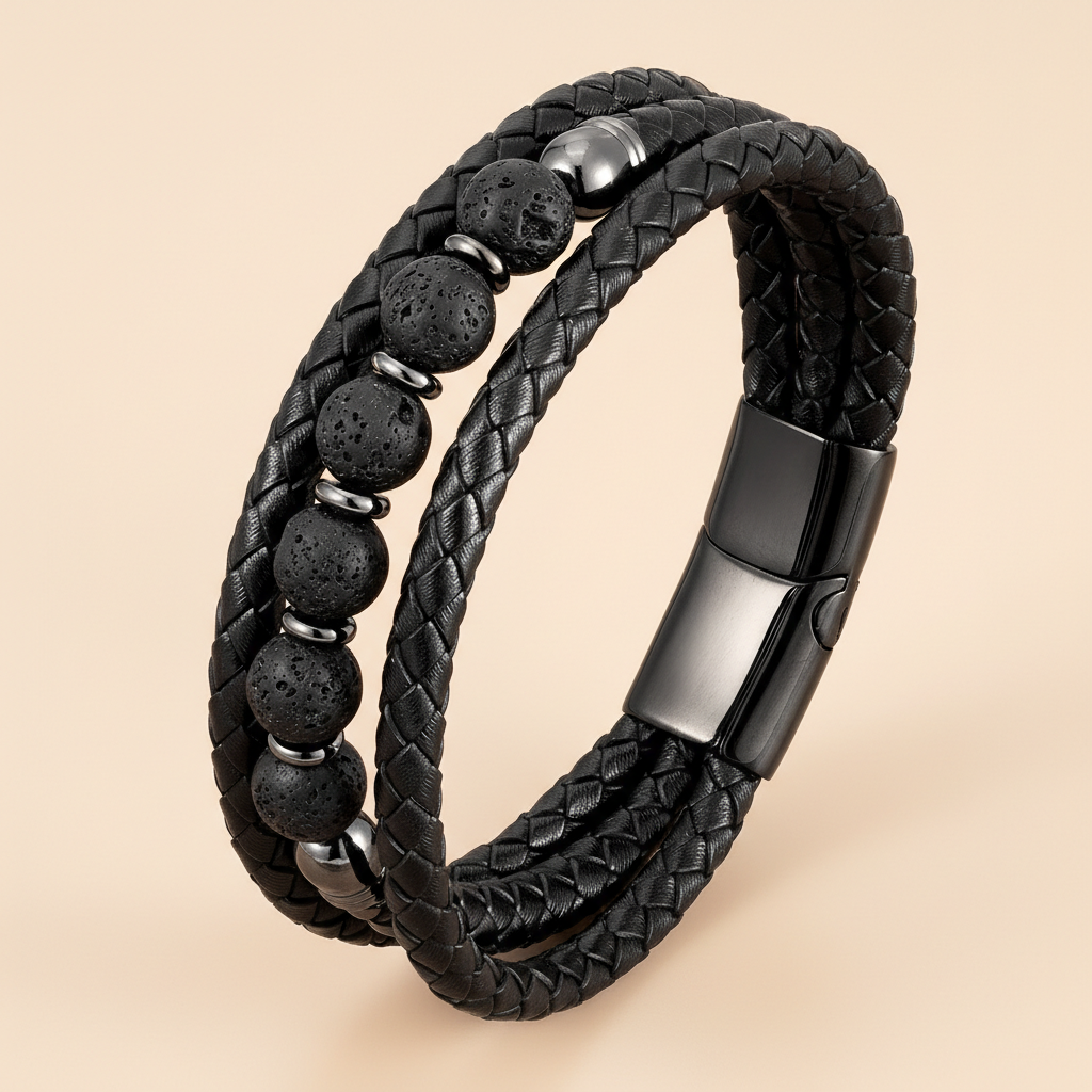 Classic Triple Braid Black Leather & Lava Rock Bracelet
