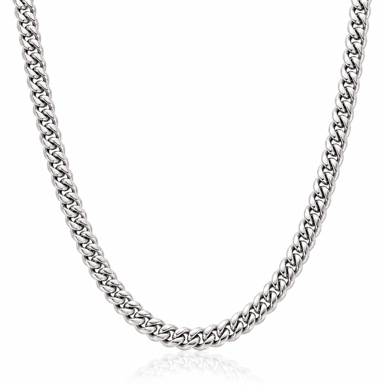 A silver-toned metal chain necklace with a polished curb link design, shown against a clean white background with a subtle reflection below.