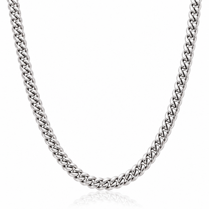 A silver-toned metal chain necklace with a polished curb link design, shown against a clean white background with a subtle reflection below.