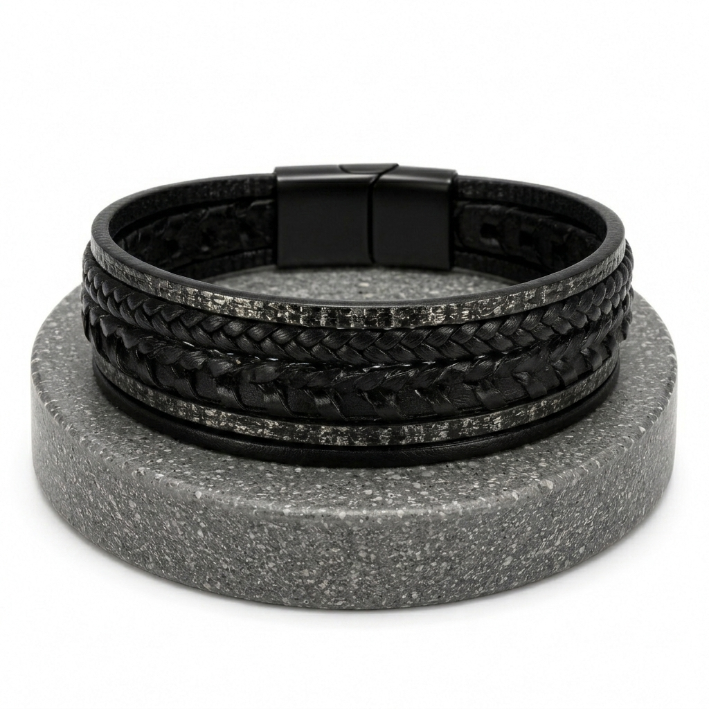 Modern industrial style men's bracelet with a multi-strand leather and metal design, perfect for a rugged-refined look.