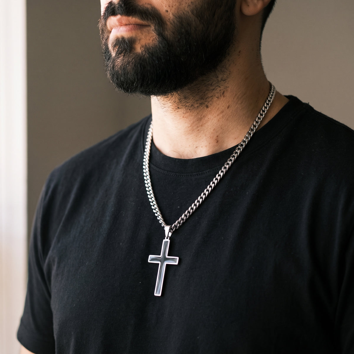 Bold Cross Pendant Necklace with Curb Chain worn, lifestyle photo 1