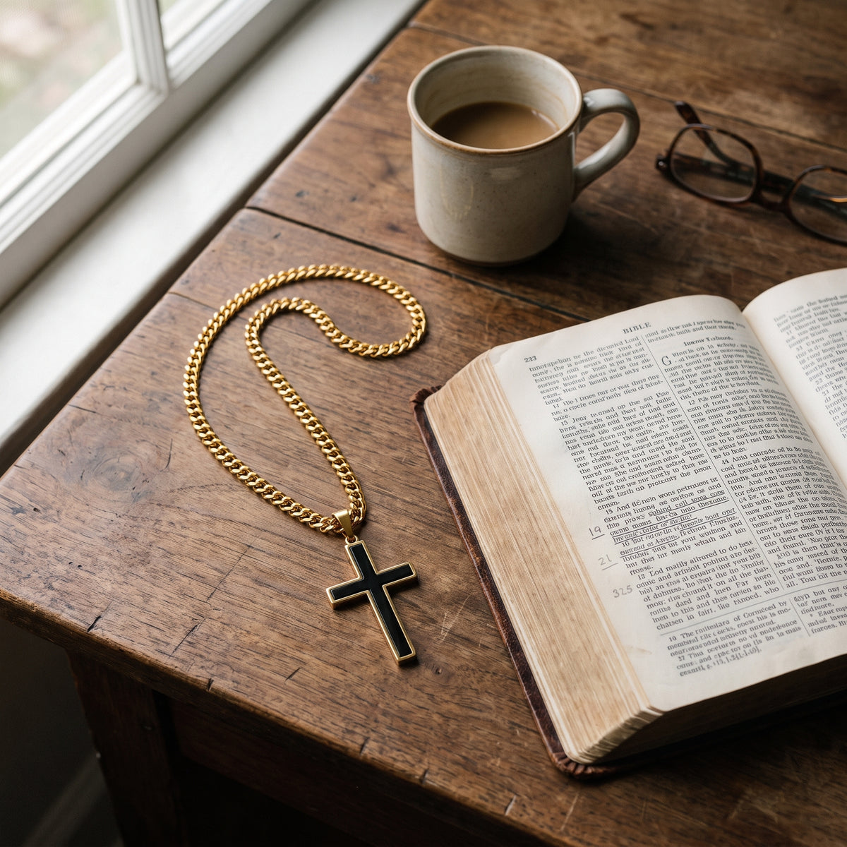 Bold Cross Pendant Necklace with Curb Chain worn, lifestyle photo 3