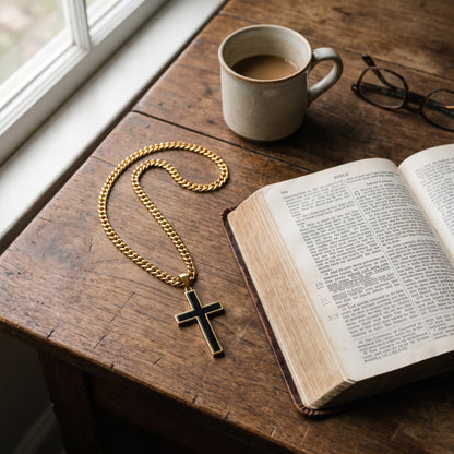 Bold Cross Pendant Necklace with Curb Chain worn, lifestyle photo 3