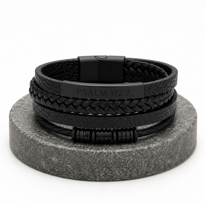 A stack of black leather bracelets, including braided and smooth woven styles, displayed on a round gray stone stand against a white background. One bracelet features a black metal plate engraved with 'PSALM 112:7'.