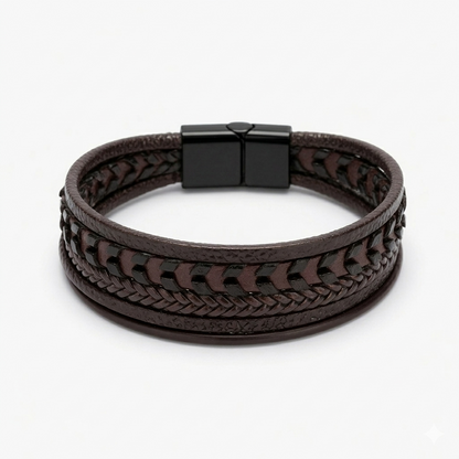 Multi-layer brown men's bracelet featuring braided leather and textured industrial steel strands with a matte black magnetic clasp.
