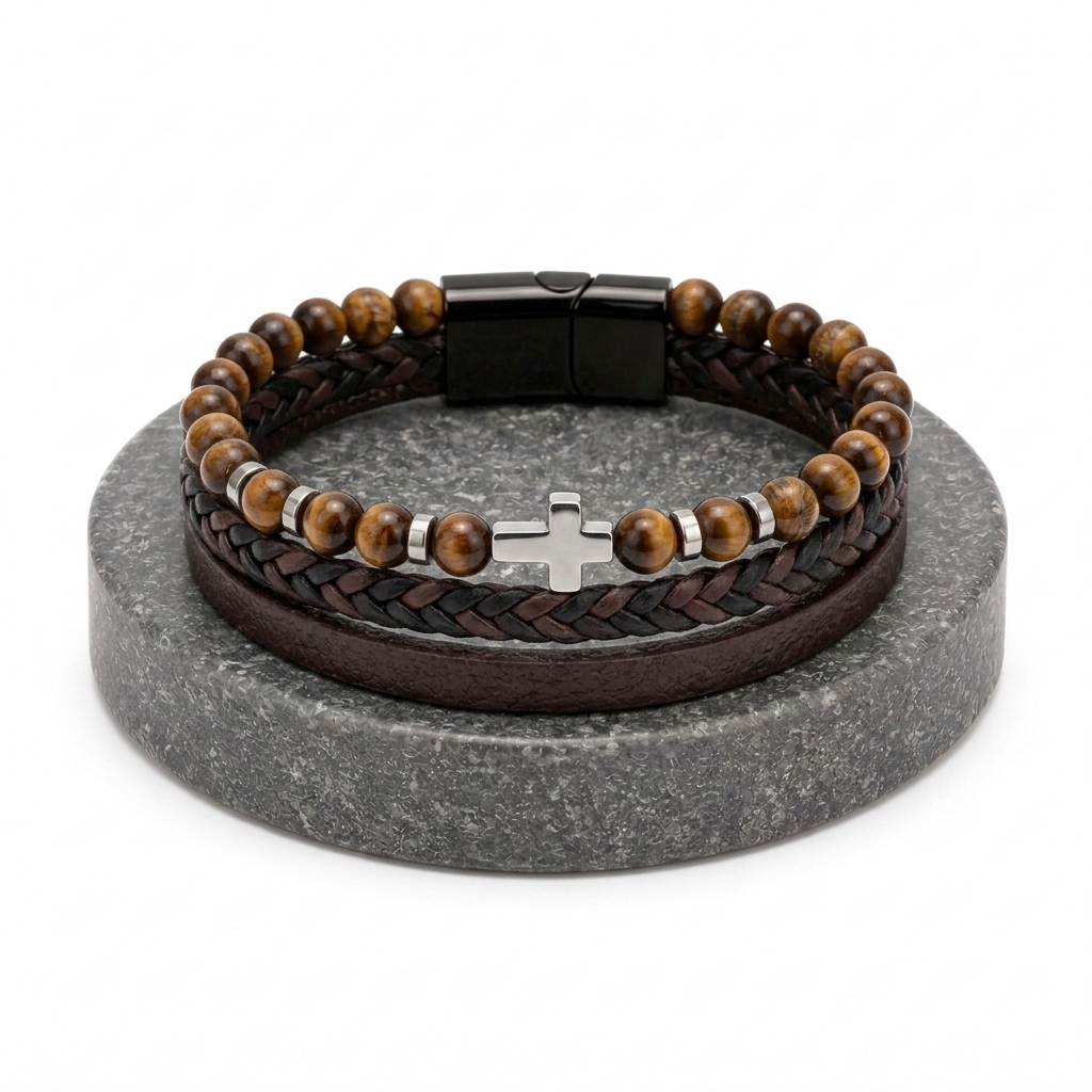 Bracelet with wooden beads and braided leather strap on a gray stand