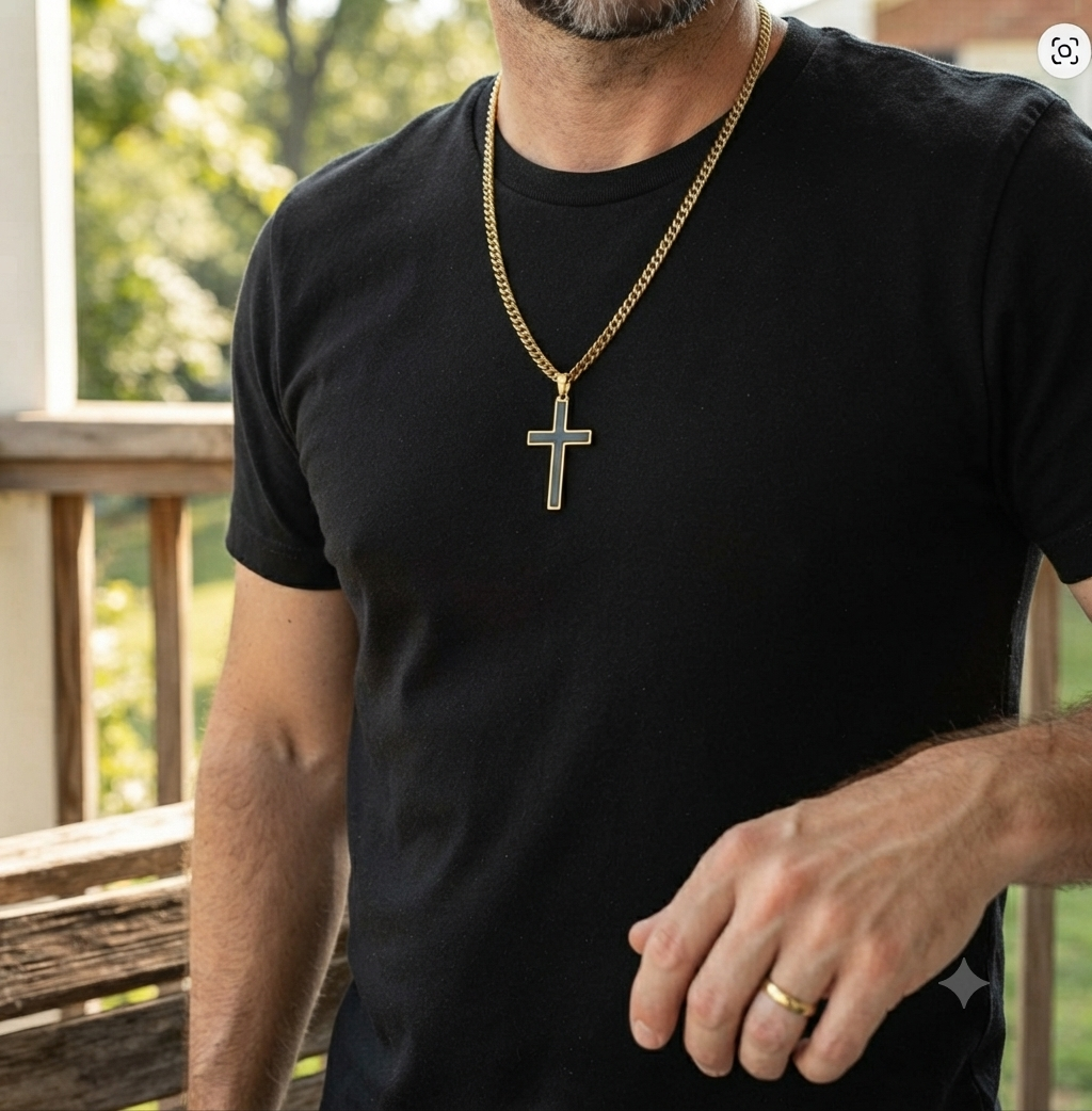 a stylish man wearing the gold cross pendant necklace