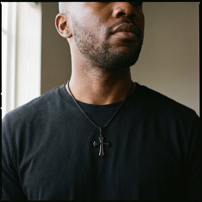 Covenant Cross Necklace – Stainless Steel Christian Cross Pendant worn, lifestyle photo 1