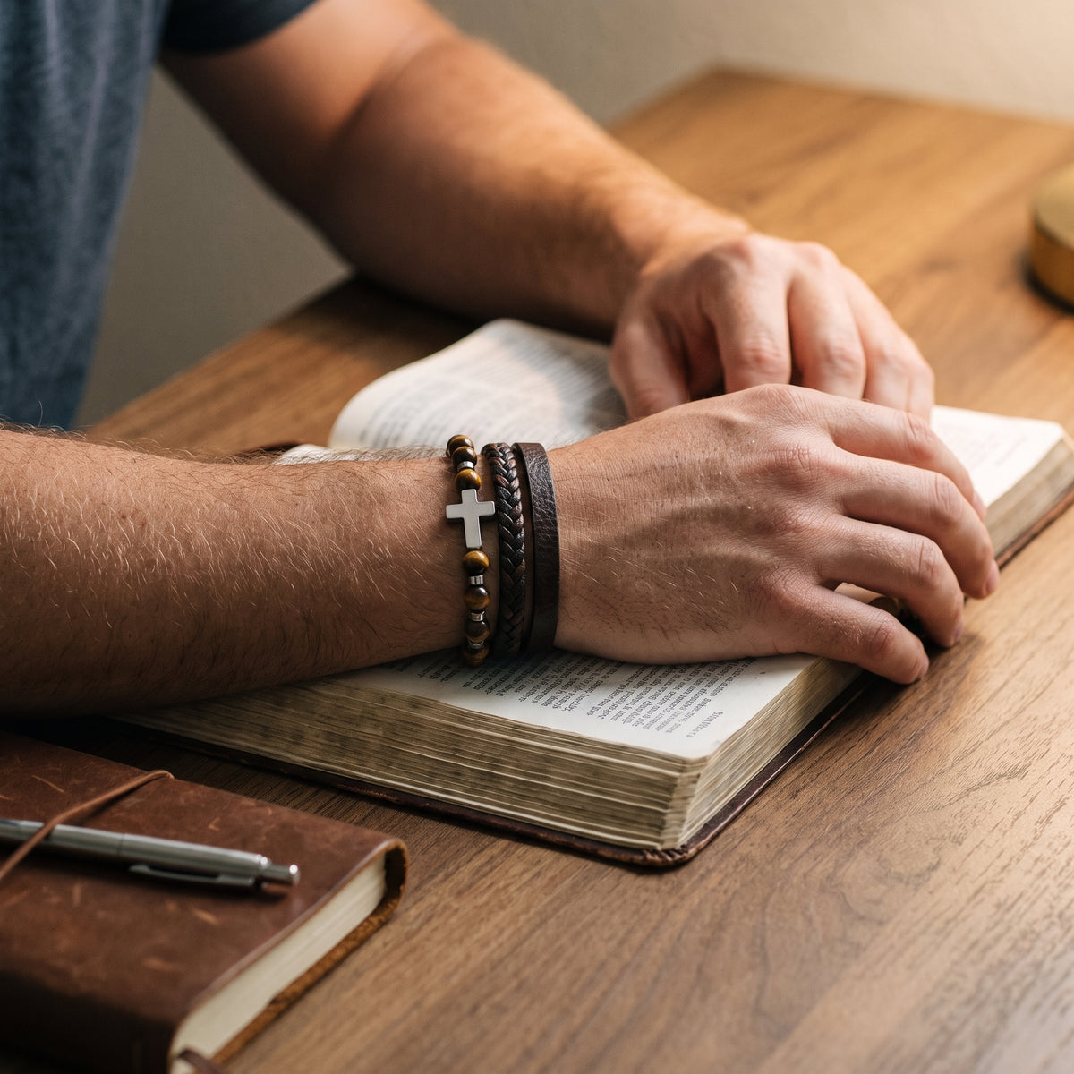 The Anchor Multi-Layer Leather & Tiger’s Eye Cross Bracelet worn, lifestyle photo 2