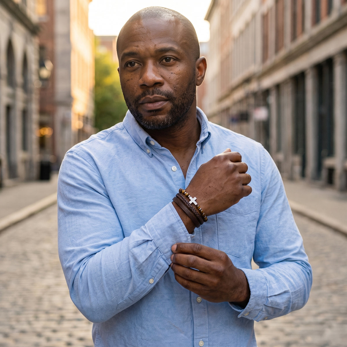 The Anchor Multi-Layer Leather & Tiger’s Eye Cross Bracelet worn, lifestyle photo 3