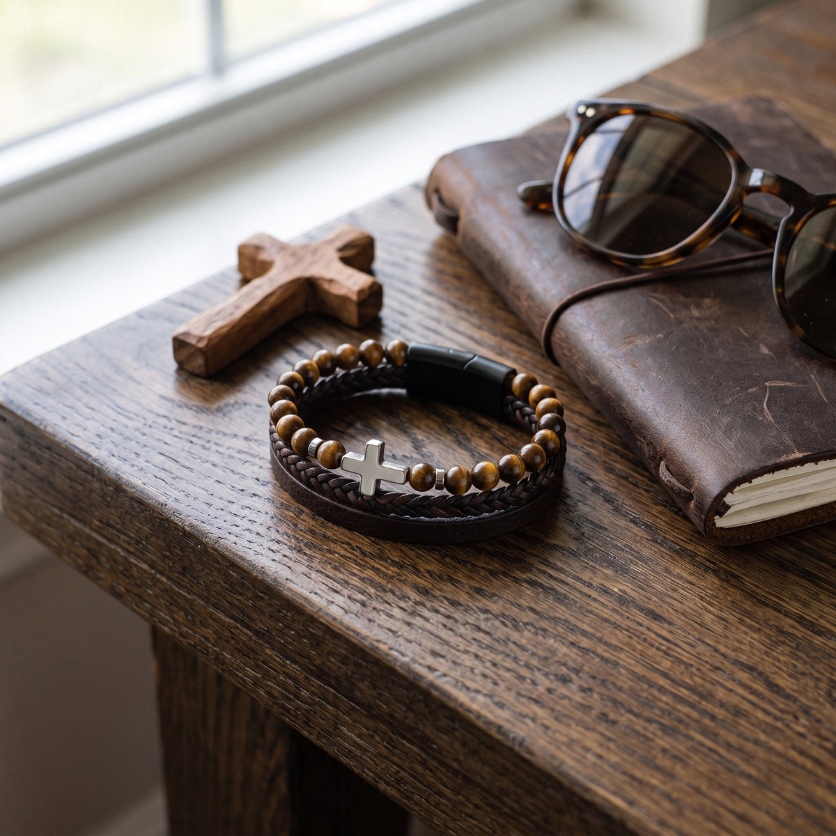 The Anchor Multi-Layer Leather & Tiger’s Eye Cross Bracelet worn, lifestyle photo 4