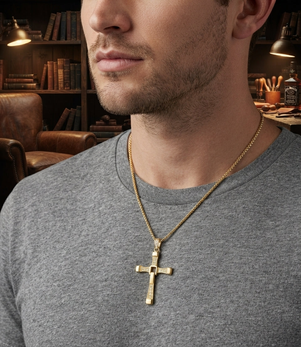Close-up of a person wearing the gold cross pendant necklace, showing the link chain and pendant resting against their chest.