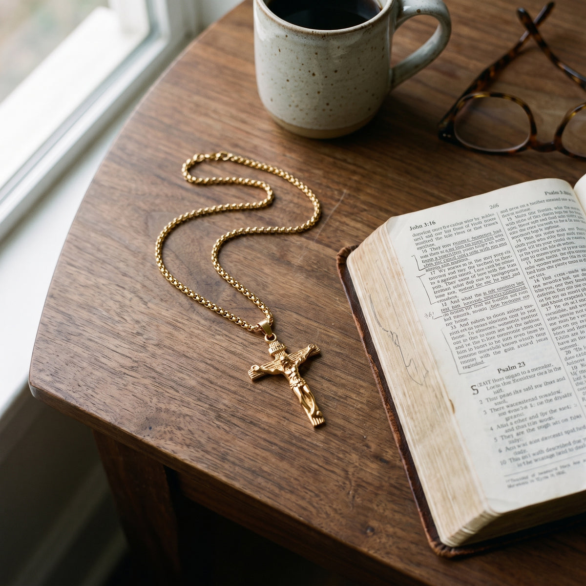 Gold Crucifix Cross Pendant Necklace worn, lifestyle photo 3